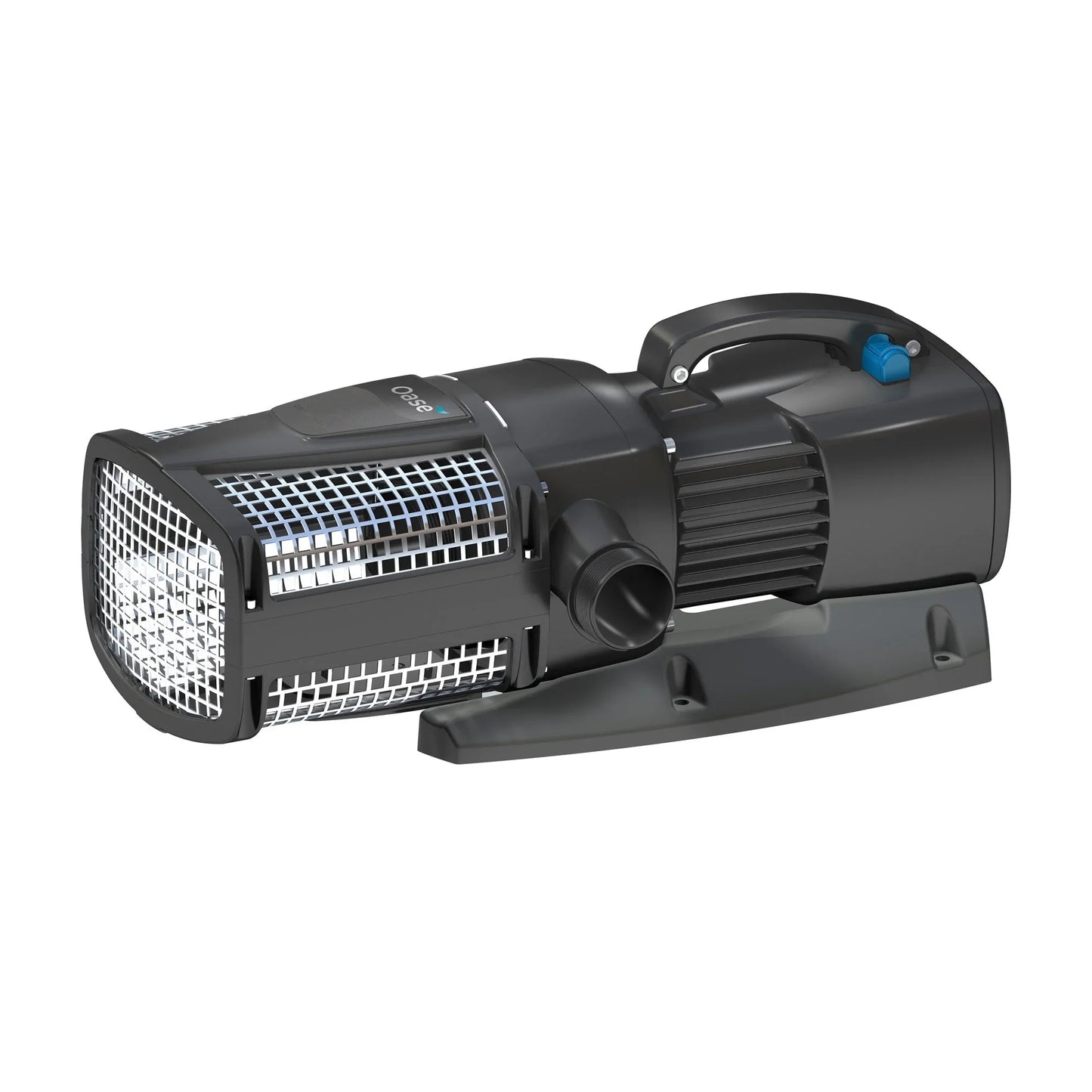 Oase Aquamax Eco Expert 7100 pond pump in black with 12V power supply, designed for pond circulation and water features.