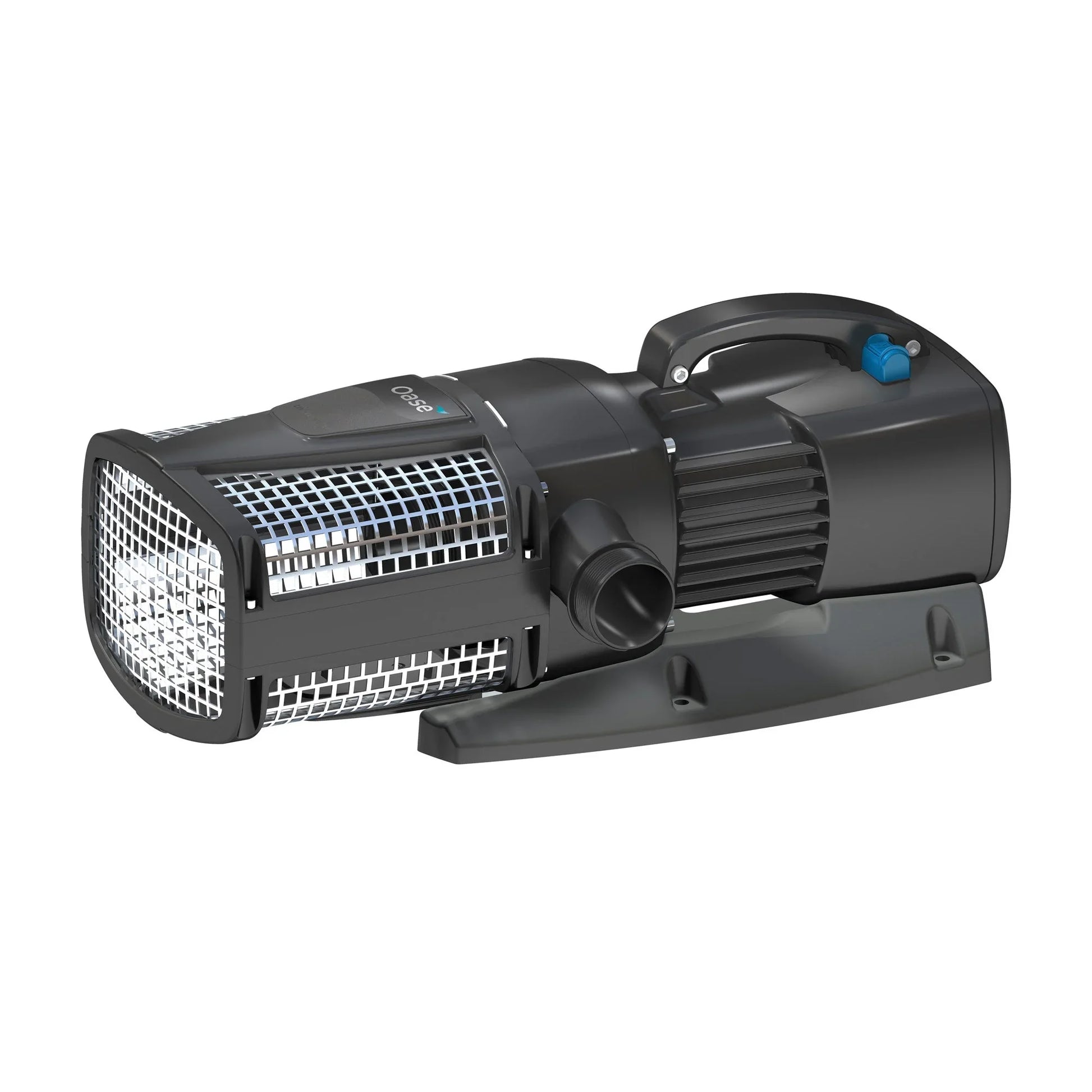 Oase Aquamax Eco Expert 7100 pond pump in black with 12V power supply, designed for pond circulation and water features.
