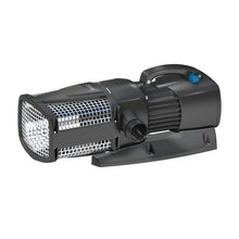 Oase Aquamax Eco Expert 7100 pond pump in black with 12V power supply, designed for pond circulation and water features.