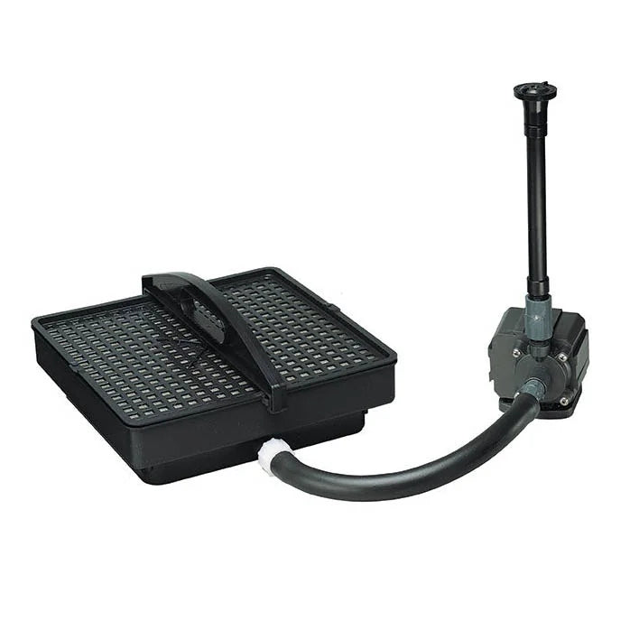 Pondmaster PMK1700 700 GPH water pump and PM1000 filter for pond filtration system, with black pump and filter components.
