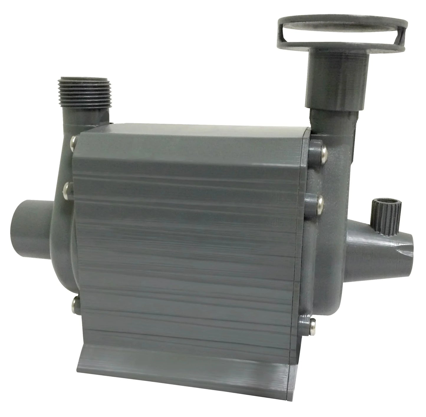 Pondmaster Hydro-air combination water and air pump for pond aeration and water circulation, black device with hoses attached.