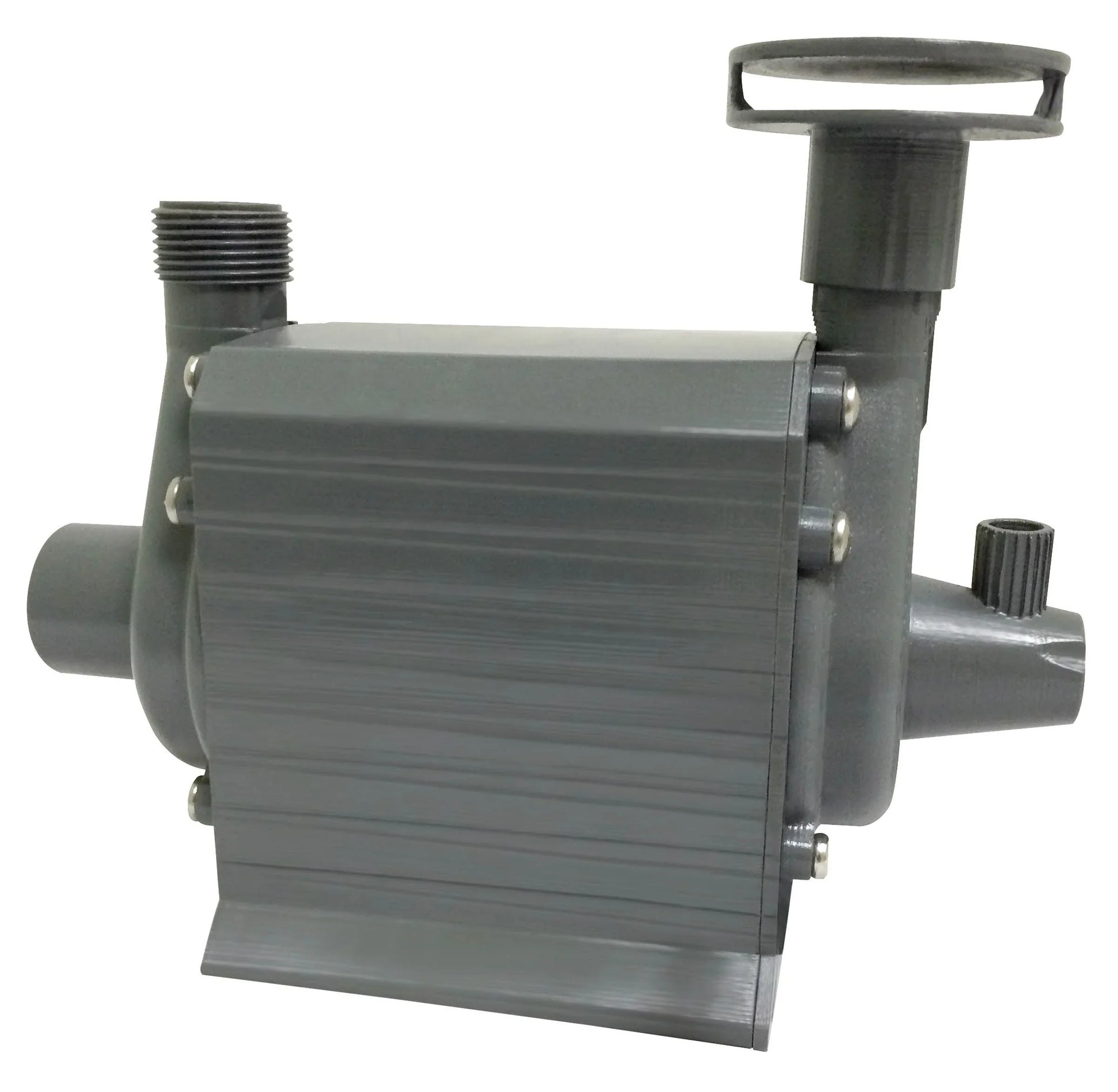 Pondmaster Hydro-air combination water and air pump for pond aeration and water circulation, black device with hoses attached.