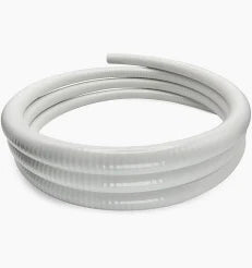 White UltraFlex PVC tubing, 1 1/2 inch diameter, flexible plastic pipe for plumbing or industrial use, shown in the image.