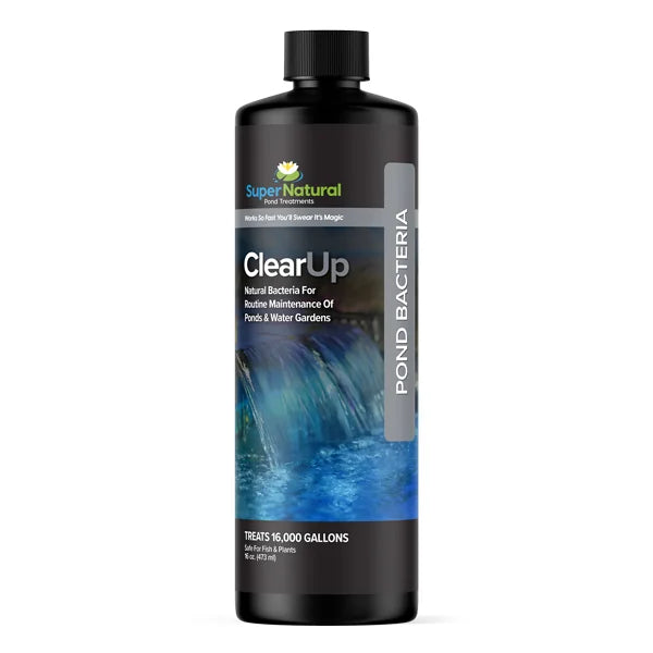 SuperNatural Clearup water treatment bottle, 16 oz, with label and clear liquid inside, designed for aquatic pond maintenance.
