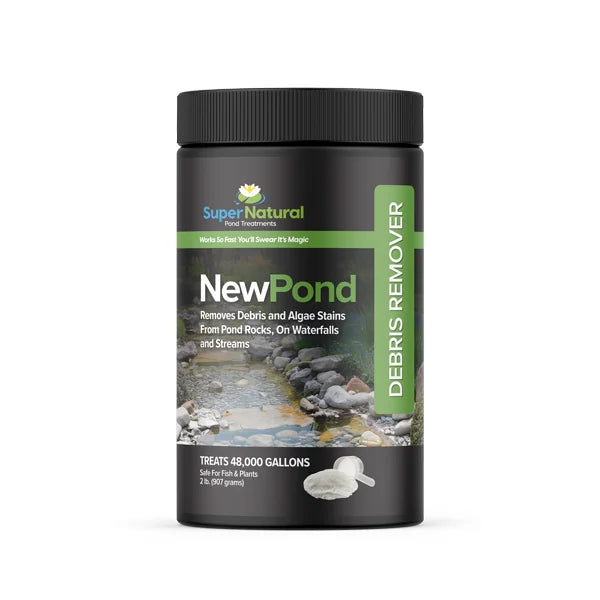 SuperNatural Newpond 2 lb water treatment container for ponds, featuring natural formula for clear, healthy pond water.