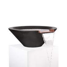 Black 31-inch GFRC water bowl with smooth flow water fitting and copper spillway for outdoor fire features by THE OUTDOOR PLUS.
