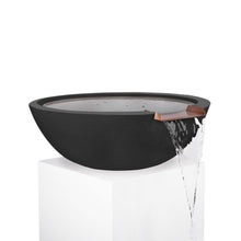 33-inch Sedona GFRC fire bowl by THE OUTDOOR PLUS with black finish, smooth flow water fitting, and copper spillway for outdoor water features.